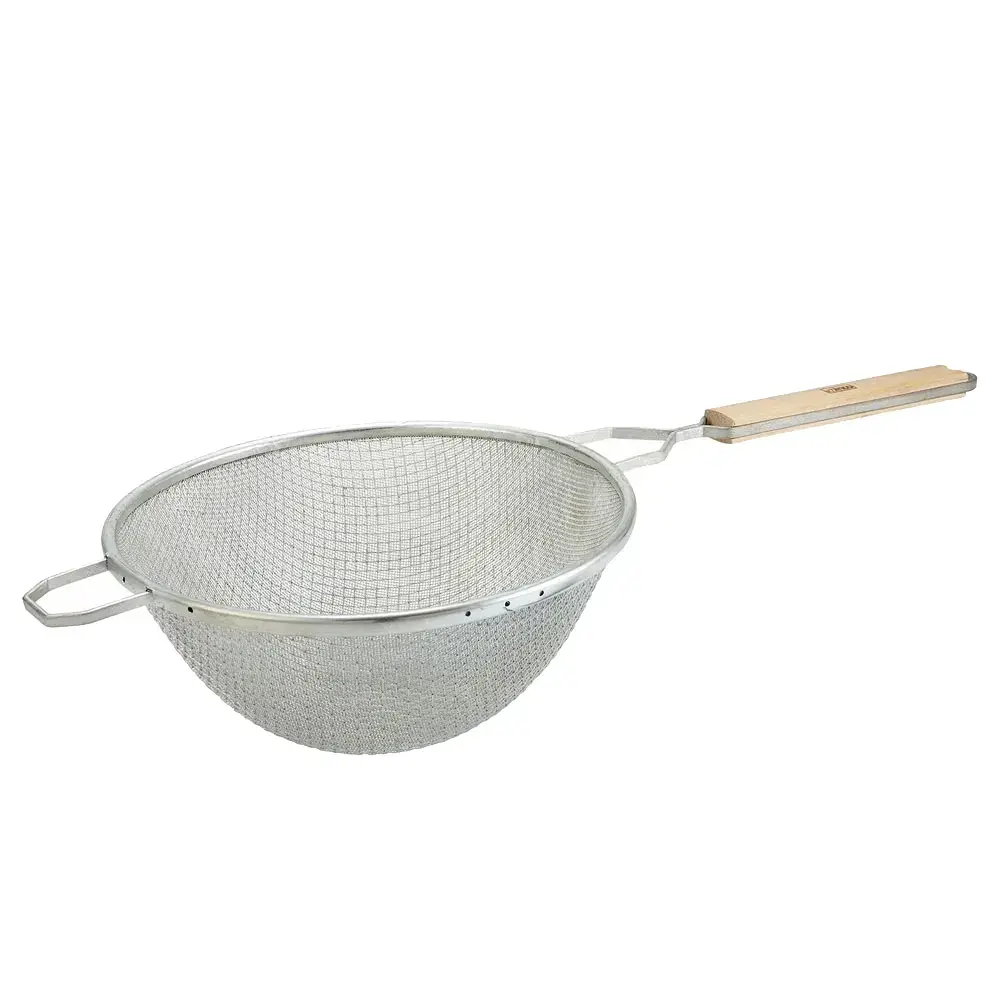 Winco MSTF-10D 10 1/4" Round Strainer w/ Double Tinned Mesh & Wood Handle, Fine