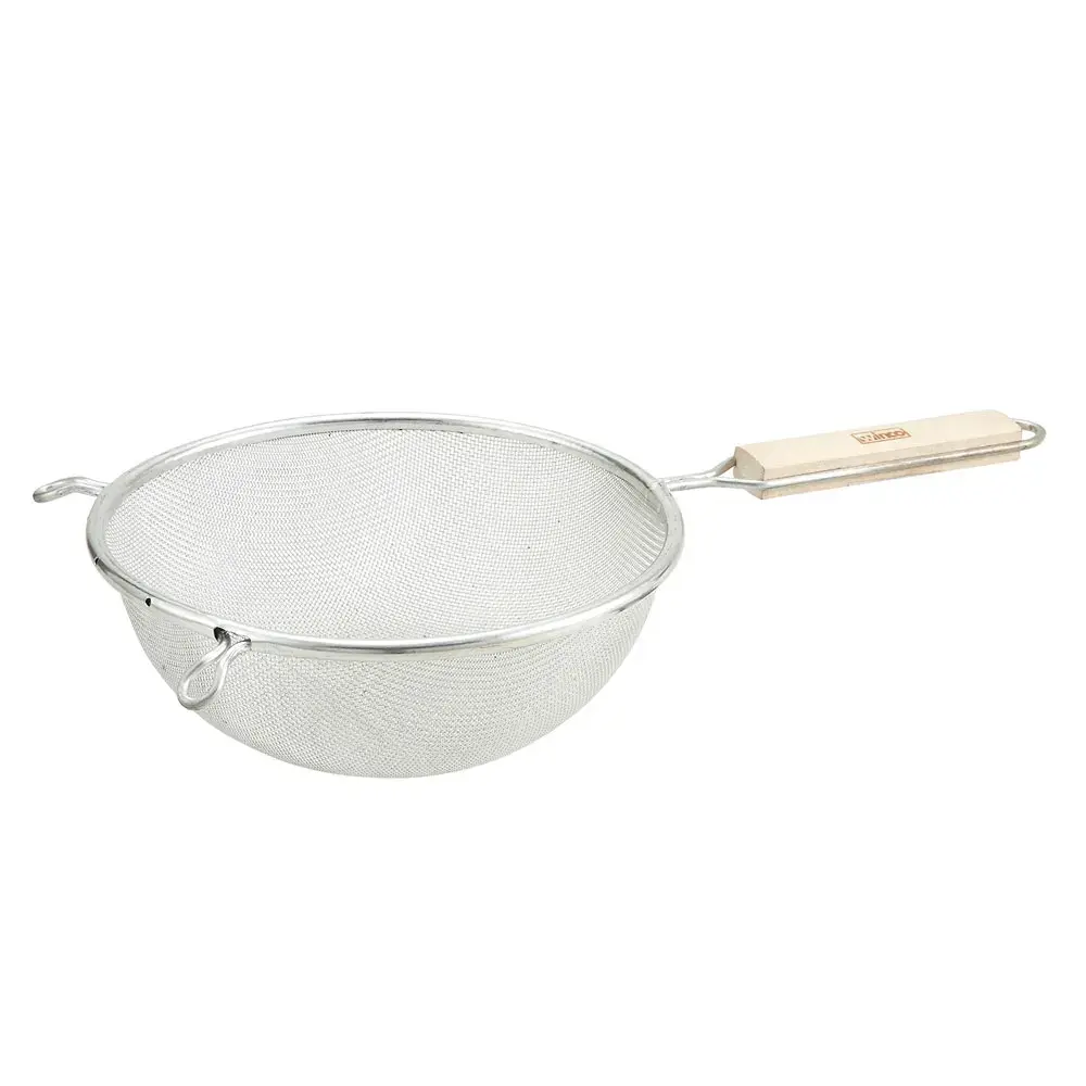 Winco MSTF-6S 6 1/4" Round Strainer w/ Double Tinned Mesh, Medium, Fine, Wood Handle