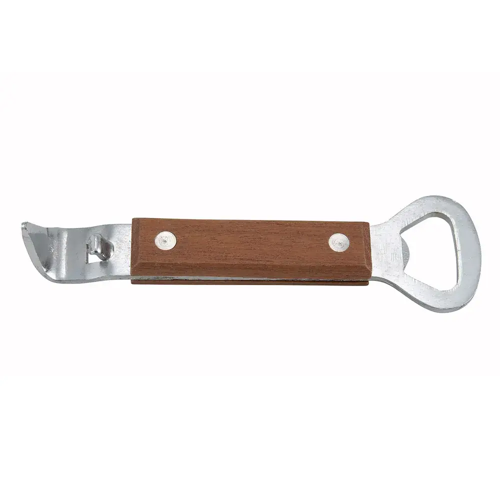 Winco CO-303 7" Bottle Opener/Can Punch, Stainless w/ Wooden Handle