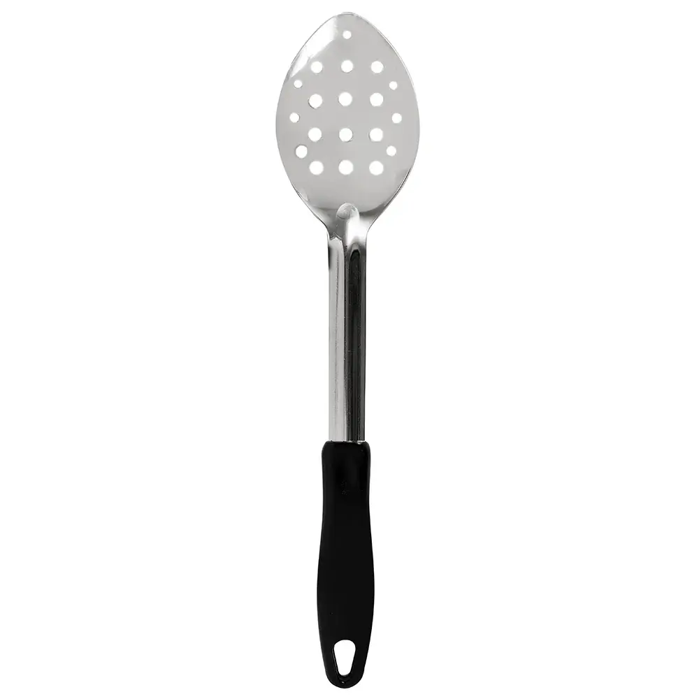 Winco BHPP-13 13" Perforated Basting Spoon w/ Stop Hook & Black Plastic Handle, Stainless