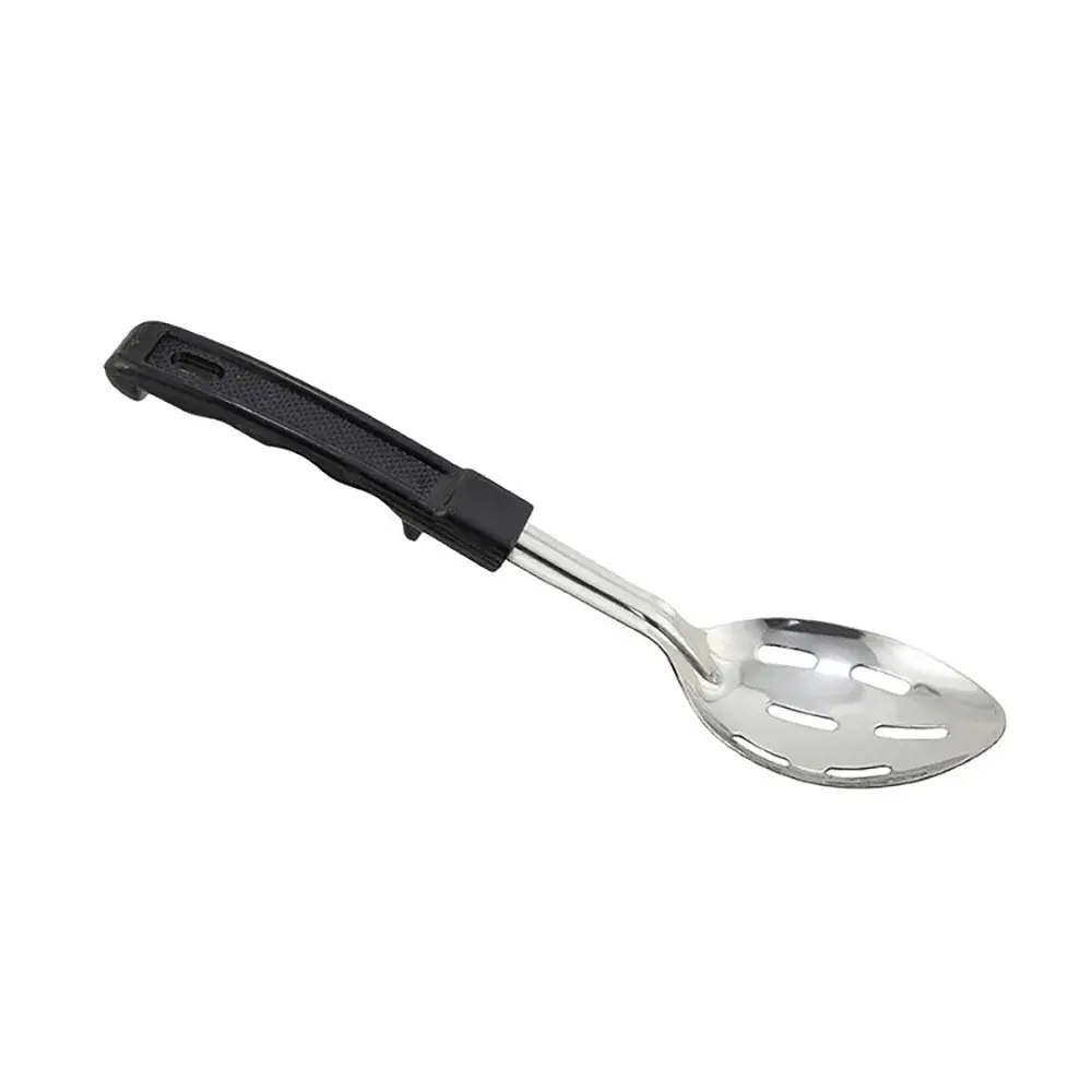 Winco BHSP-11 11" Slotted Basting Spoon w/ Stop Hook & Black Plastic Handle, Stainless