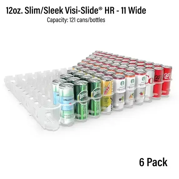 Visi-Slide 12oz Slim Soda Beverage Dispenser Gravity Fed for Angled Shelves 6 Pk