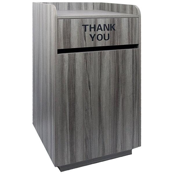 American Tables & Seating ATS-TR1-GRY 35 Gallon Gray Faux Wood Melamine Waste Receptacle Enclosure with "THANK YOU" Swing Door