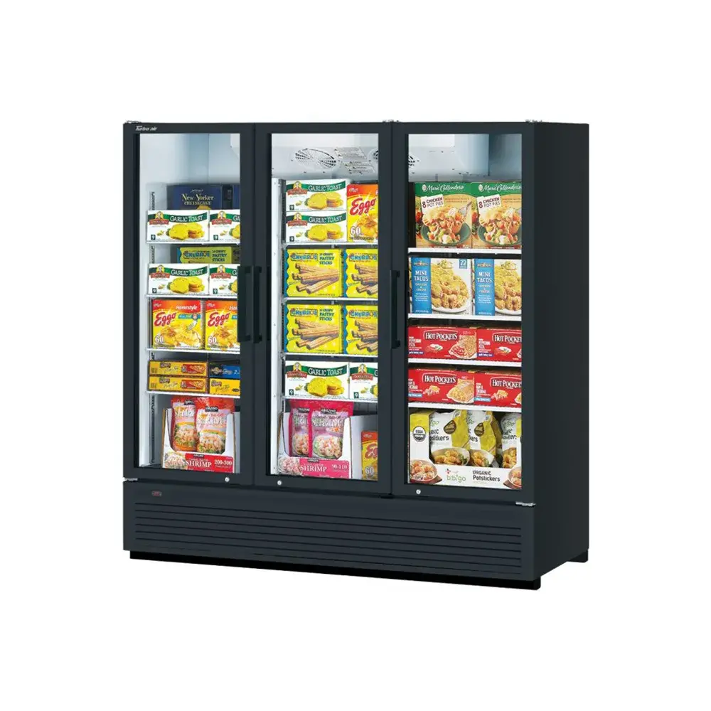 Turbo Air TGF-72SDHB-N 78” Three Section Display Freezer w/ Swing Doors – Bottom Mount Compressor, Black, 115v