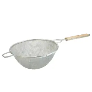 Winco MSTF-10D 10 1/4" Round Strainer w/ Double Tinned Mesh & Wood Handle, Fine