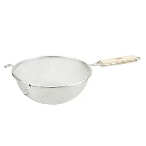 Winco MSTF-6S 6 1/4" Round Strainer w/ Double Tinned Mesh, Medium, Fine, Wood Handle