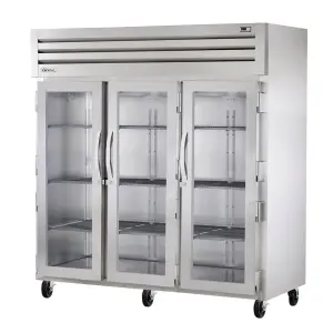 True STR3R-3G-HC 77 3/4" Three Section Reach In Refrigerator, (3) Left/Right Hinge Glass Doors, 115v