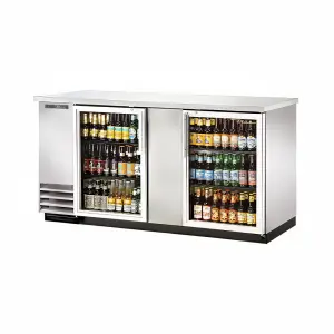 True TBB-3G-S-HC-LD 69" Bar Refrigerator - 2 Swinging Glass Doors, Stainless, 115v